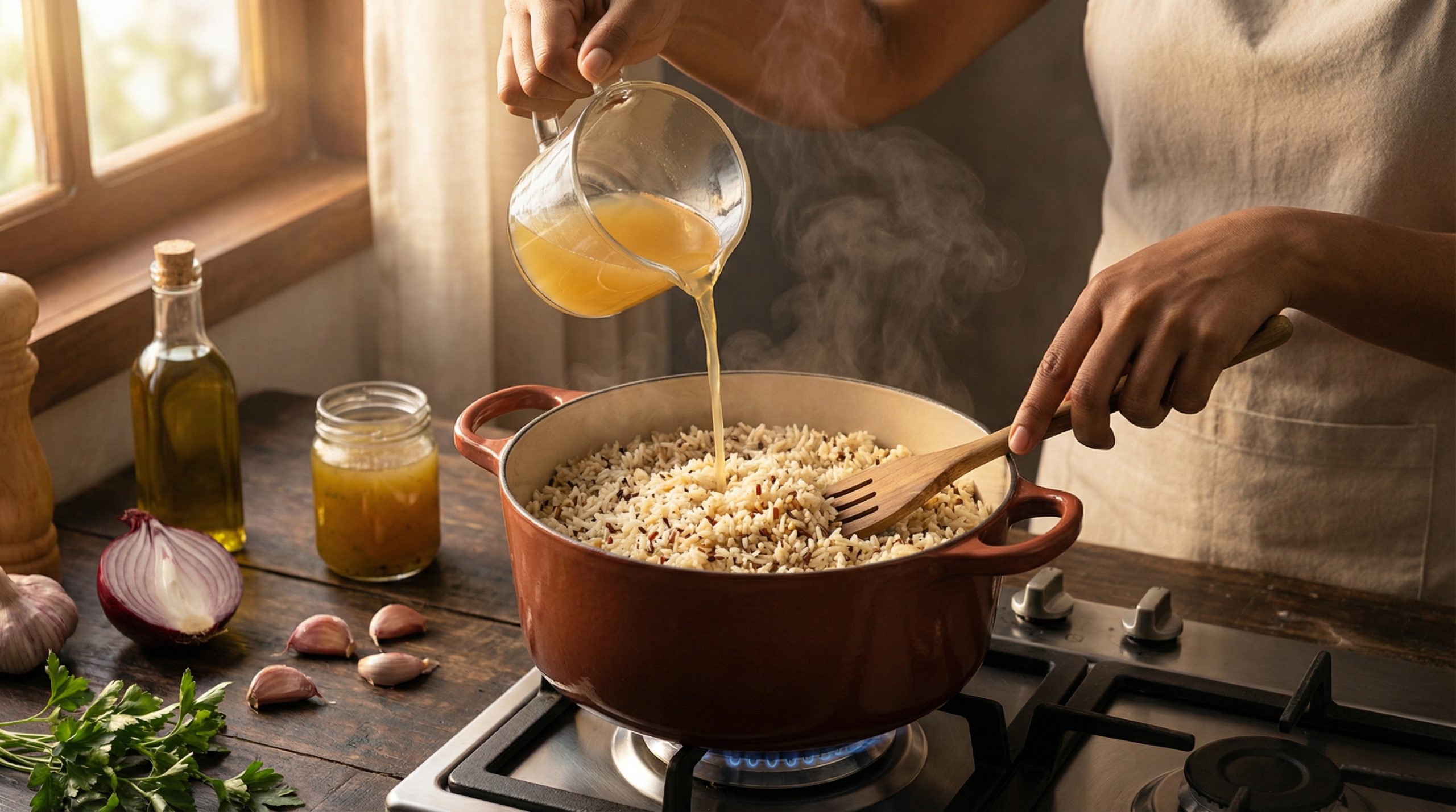 Controle o líquido na Uma Panela Só (grãos soltos)