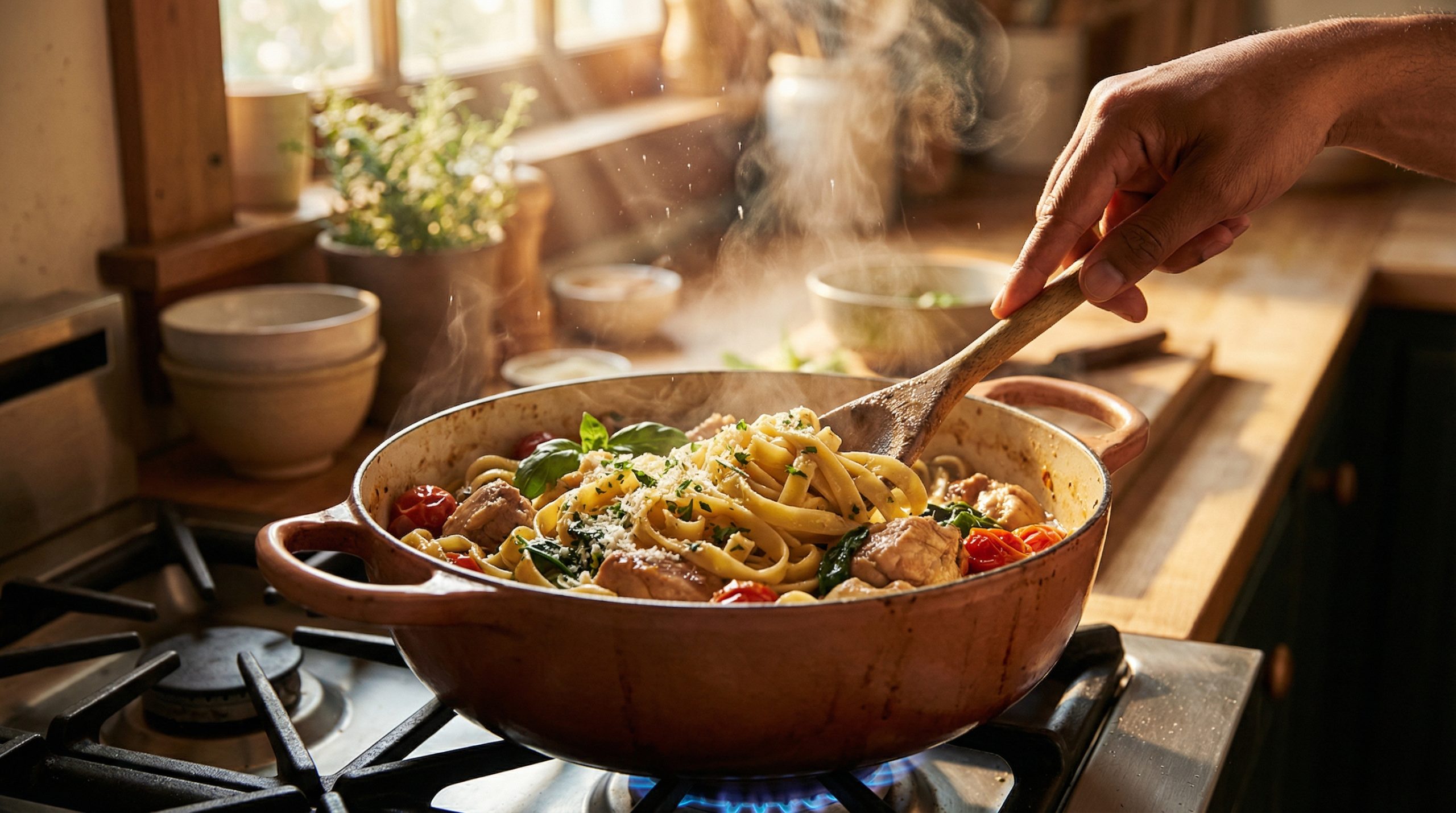 O amido da massa cria o molho na Uma Panela Só (cremoso)