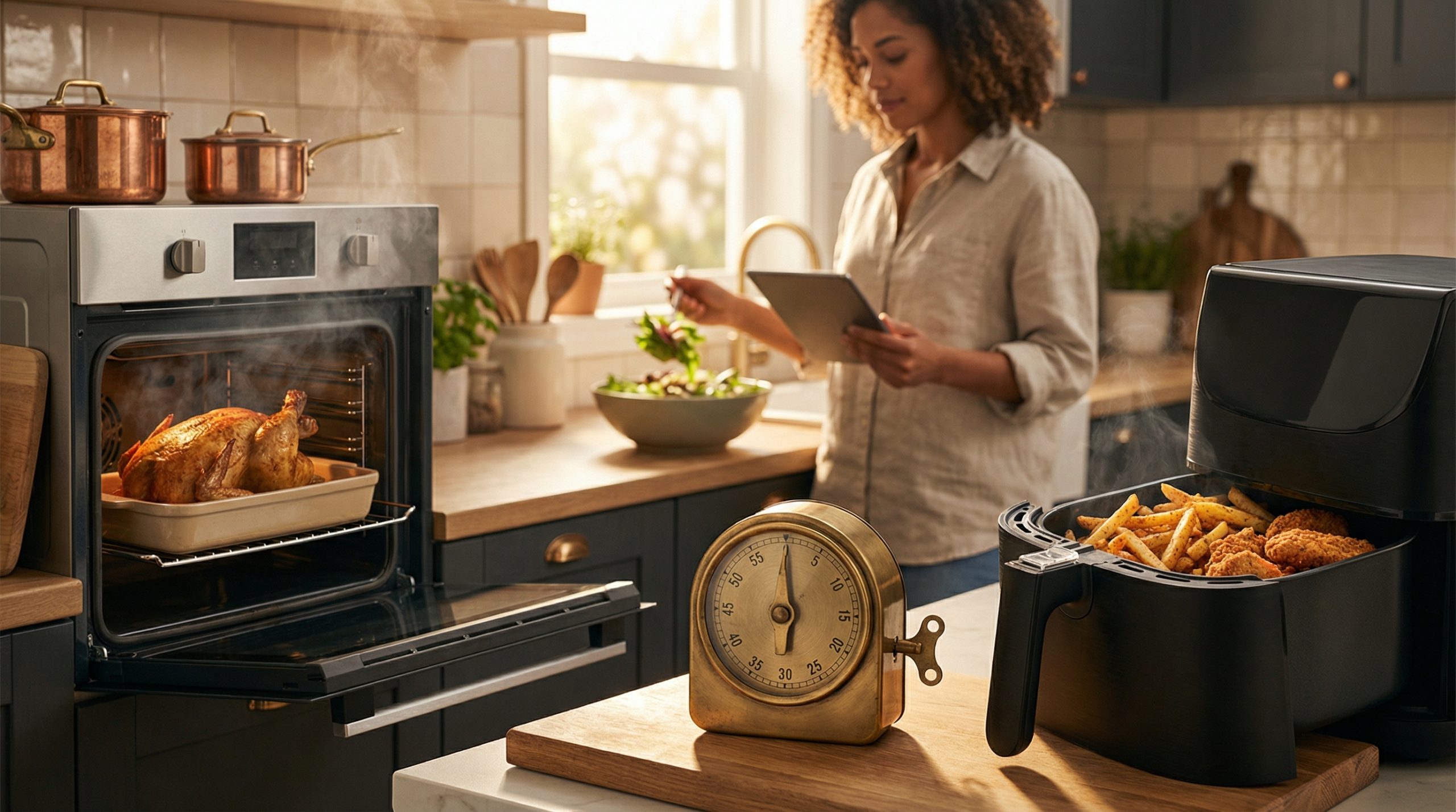 Largue a espátula — o timer comanda o Forno e Airfryer